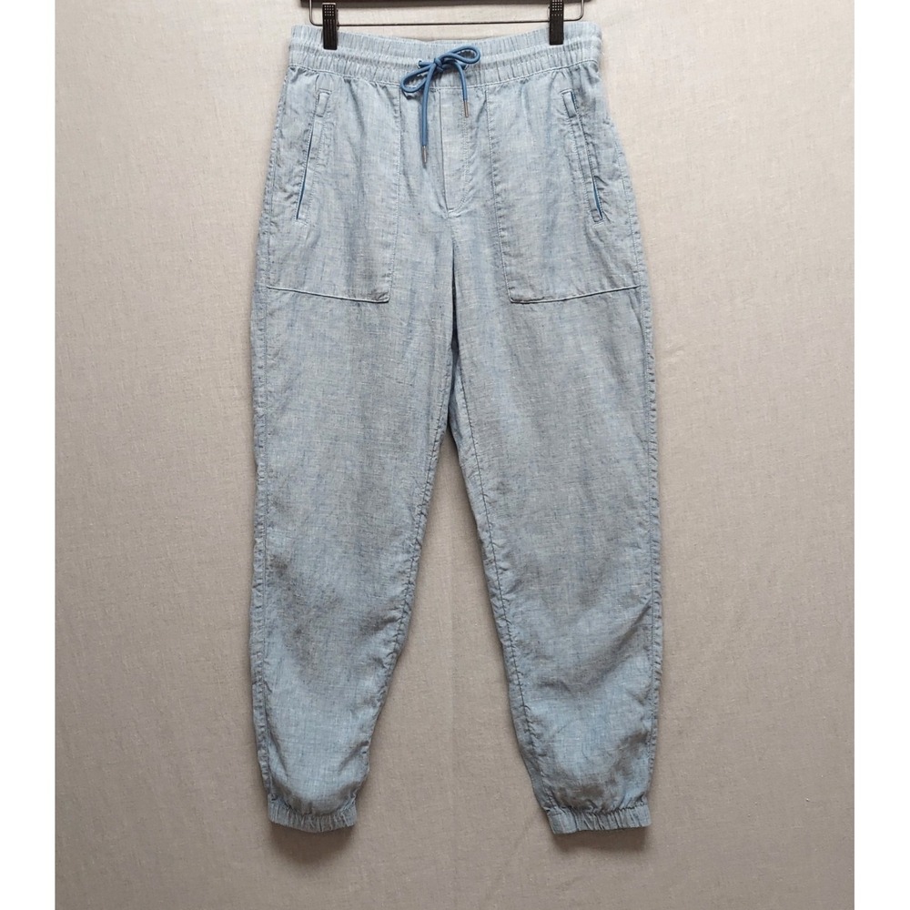 Athleta Cabo Linen Chambray Joggers Women 4 Blue Drawstring Coastal Resort Pants